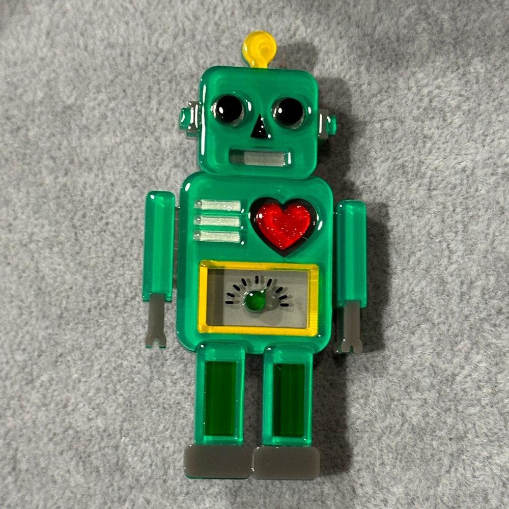 Nuts and Bolts Erstwilder green robot with heart pin brooch new in box